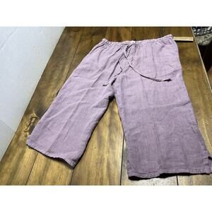 Match Point Womens Large Linen Wide-Leg Cropped Purple Pants Drawstring Waist